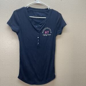Aeropostale Vintage Y2K Blue Short Sleeve‎ Stretch Henley Top SZ M Elena Bella